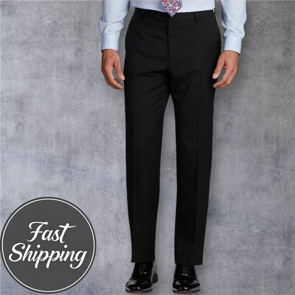 HUGO BOSS Mens Dress Pants 36W - UNHEMMED Black Virgin Wool Trousers Slacks